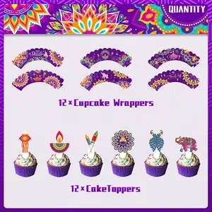Detailed view of Diwali cupcake toppers and wrappers featuring purple elephant and peacock motifs