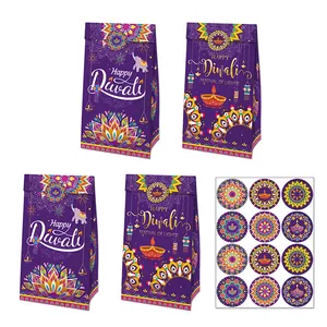 Sacs Cadeaux En Papier Kraft Happy Diwali Avec Ensemble D'autocollants Mandala Motif Éléphant Festival Des Lumières Sacs De Fête