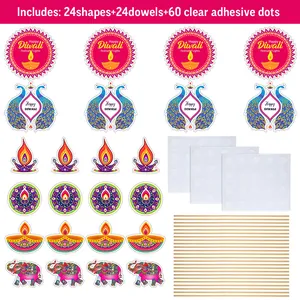 Diwali party decoration kit with 24 festive paper props and wooden sticks on white background