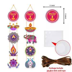 Diwali party banner set with Diya, elephant, and peacock pendants including glue dots
