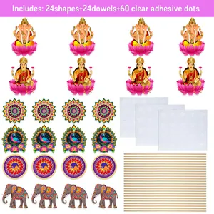 Décoration de table Diwali 24 pièces avec Ganesha, Lakshmi et motifs Mandala indiens
