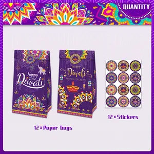 Set de fête Diwali avec 12 sacs cadeaux mandala violets et autocollants assortis