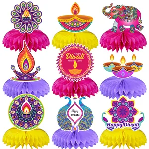 Happy Diwali Honeycomb Centerpieces Indian Festival Of Lights Party Table Decorations With Elephant Peacock Diya Mandala Pattern Paper Table Ornaments