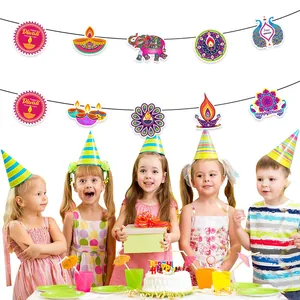 Diwali party banners featuring colorful Diya, elephant, and peacock designs for home decor