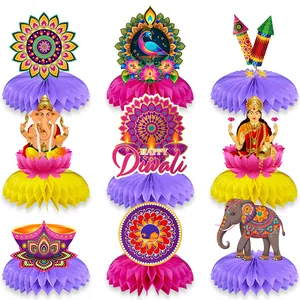 Centrotavola a Nido d'Ape per Diwali Decorazioni Tavolo Festival Indiano Ganesha Lakshmi Elefante Pavone Mandala Lampada Diya