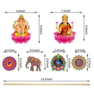Kit de décoration Diwali indien avec motifs Ganesha Lakshmi et tige de support en bois massif