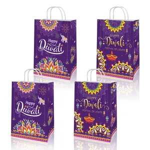 Happy Diwali Purple Kraft Paper Gift Bags With Handles Mandala Elephant Diya Pattern Festival Of Lights Party Favor Bags