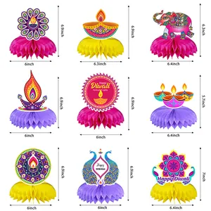 9-piece Diwali honeycomb centerpiece set with elephant and peacock motifs for table decor