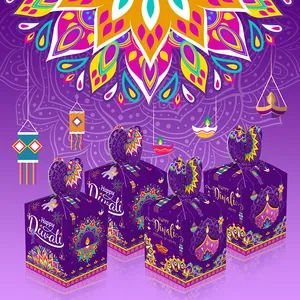 Set mit 4 lila Diwali-Geschenkboxen mit Mandala-Mustern und Diya-Öllampen-Designs für Feste