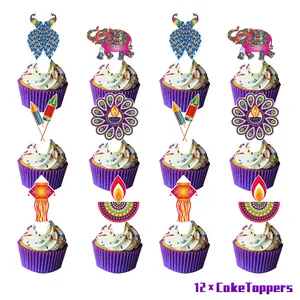 Diwali cupcake toppers set with 12 traditional Indian peacock and Diya lamp patterns