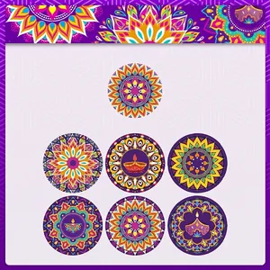 Lot de 7 autocollants de Diwali avec motifs mandala et diya pour sacs cadeaux, taille 1,4 pouce