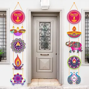 Colorful Happy Diwali door banners with Diya, elephant and peacock hanging decorations