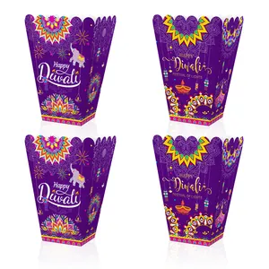 Diwali Popcorn Boxes Disposable Paper Snack Treat Containers Purple Mandala Elephant Pattern Festival Of Lights Party Supplies
