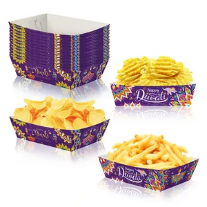 Detail of Diwali disposable paper snack trays with mandala patterns and snack serving ideas
