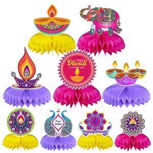 9-piece Diwali honeycomb table decor set with Diya and peacock patterns for party