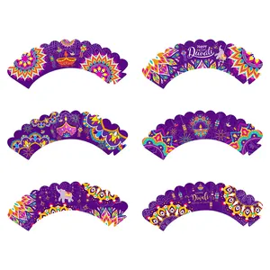Detailed view of Happy Diwali cupcake wrappers with colorful mandala and elephant patterns
