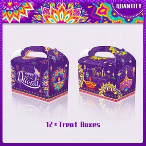 12er Set Diwali Geschenkschachteln in Lila mit Mandala-Mustern und Elefantenmotiven