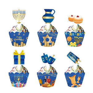 Hanukkah Cupcake Wrappers And Toppers Menorah Dreidel Star Of David Blue Gold Festive Party Dessert Cake Decoration Items