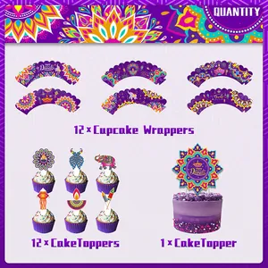 Detail of Diwali cake toppers and purple mandala cupcake wrappers for party decoration
