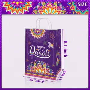 Diwali purple kraft paper gift bag with Ganesha and mandala pattern and twisted rope handles