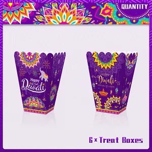 6-piece Diwali treat box set with purple mandala and elephant patterns for snacks