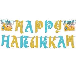 Happy Hanukkah Banner Glitter Blue Gold Menorah Dreidel Star Of David Hanging Garland Jewish Festival Party Decoration Supplies
