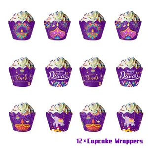 Set of 12 purple Happy Diwali cupcake wrappers with mandala and oil lamp patterns