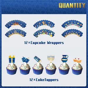Hanukkah cupcake toppers and wrappers set featuring Menorah and Star of David designs