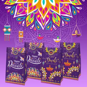 Détail de sacs cadeaux violets Happy Diwali avec motifs mandala et lampes diya