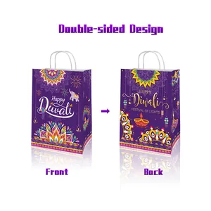 Double-sided Diwali gift bags with mandala patterns and Diya lamps for festival gifts