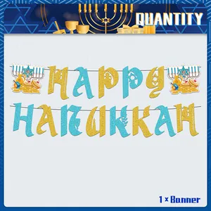 Blue and gold Happy Hanukkah glitter banner with Menorah and Star of David decor