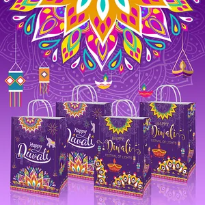 Purple Diwali paper gift bags with elephant and mandala prints and cotton handles