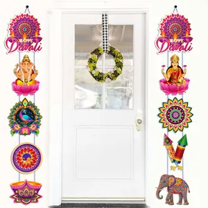 Bannières Happy Diwali symétriques avec motifs Ganesha et Diya pour décoration de porte