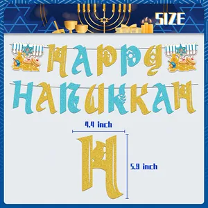 Happy Hanukkah glitter banner with blue Menorah and Star of David party decorations