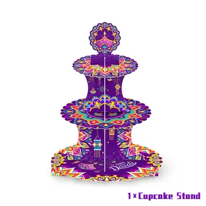 Dreistöckiger lila Mandala-Cupcake-Ständer für Diwali mit Happy Diwali-Aufdruck