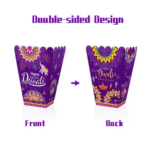 Double-sided Diwali snack boxes with purple elephant and mandala patterns for party treats