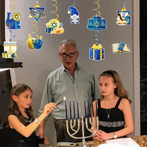 Hanukkah ceiling hanging swirls with Menorah and Star of David decorations for festive parties