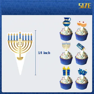 Hanukkah cupcake toppers set featuring menorah and dreidel designs, 3.4 inch party decor