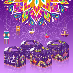 Lila Happy Diwali Geschenkschachteln mit Mandalamustern und Diya Elefanten Illustrationen