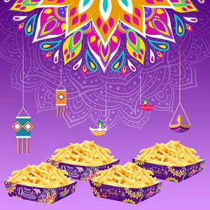 Set of four Happy Diwali paper food trays with vibrant mandala designs for snacks
