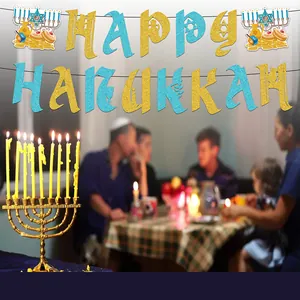 Glittery Happy Hanukkah banner with Menorah and Dreidel icons for party decoration