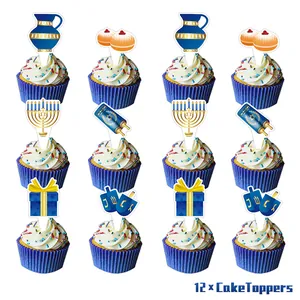 Detailed set of 12 Hanukkah cake toppers with menorah and dreidel designs on white background
