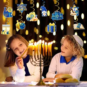 Hanukkah hanging decorations set with blue gold spirals and Menorah Star of David charms