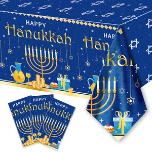 Happy Hanukkah Disposable Plastic Tablecloth Set Dark Blue Gold Menorah Star Of David Pattern Party Decorations Supplies