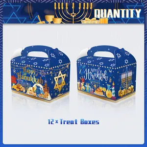 Set of 12 Hanukkah treat boxes featuring gold menorah and Star of David on blue cardstock