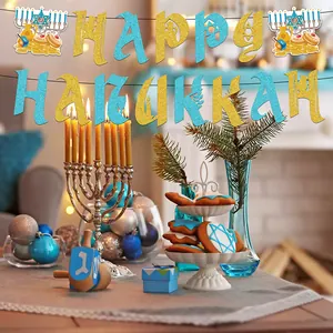 Glittery Happy Hanukkah banner with blue and gold letters for Jewish holiday party decor