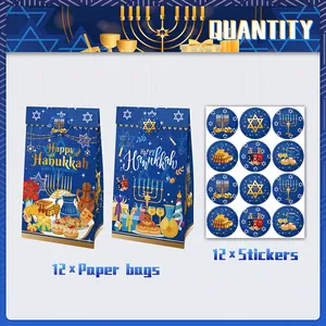 Hanukkah kraft gift bag set with stickers featuring menorah and dreidel designs
