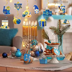 Hanukkah spiral ceiling decorations featuring Menorah, Star of David, and blue swirl streamers