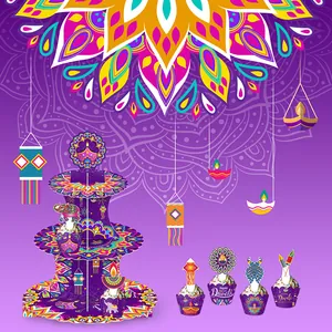 Dreistöckiges lila Diwali-Cupcake-Ständer-Set mit Mandala-Mustern und Toppern