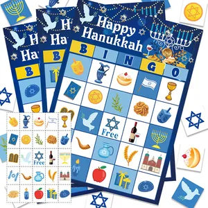 Carte Da Gioco Bingo Happy Hanukkah Per Forniture Per Feste Per Bambini Carte Giocatore E Marcatore In Carta Motivo Dreidel Menorah Blu Oro